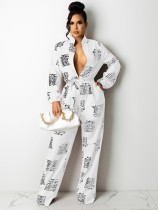Autumn Printed White Button Up Midi Neck Long Sleeve Jumpsuit with Belt