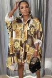 Autumn Retro Floral Printed Button Up Long Sleeve Loose Blouse Dress