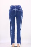 Autumn Blue Patchwork High Wasit Loose Jeans