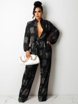 Autumn Printed Black Button Up Midi Neck Long Sleeve Jumpsuit with Belt