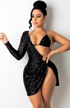 Atumn Sexy Black Sequins Irregular One Shoulder Club Dress with Bra