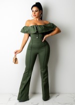 Autumn Green Elegant Button Up Ruffled Off Shoulder Jumpsuit