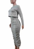 Autumn Pure Gray Long Sleeve Top and Ruched Long Skirt Set