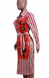 Autumn Floral Red Stripes Long Sleeve Professional Midi Dress with Belt