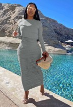 Autumn Pure Gray Long Sleeve Top and Ruched Long Skirt Set