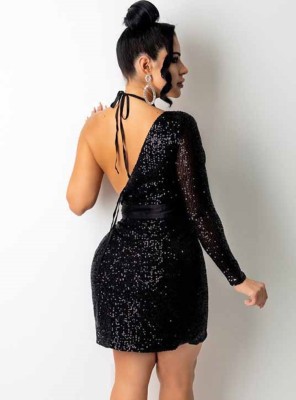 Atumn Sexy Black Sequins Irregular One Shoulder Club Dress with Bra