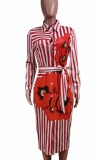 Autumn Floral Red Stripes Long Sleeve Professional Midi Dress with Belt