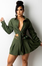 Autumn Green Tied Long Sleeve Blouse and Pleated Skirt Set