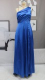 Summer Sexy Blue One Shoulder Split Satin Evening Dress