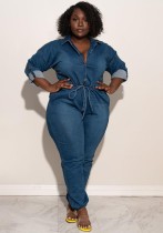 Autumn Plus Size Dark Blue Button Up Long Sleeve Denim Jumpsuit