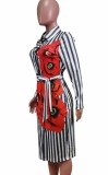 Autumn Floral Black Stripes Long Sleeve Professional Midi Dress with Belt