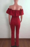 Autumn Red Elegant Button Up Ruffled Off Shoulder Jumpsuit