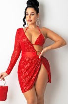 Atumn Sexy Red Sequins Irregular One Shoulder Club Dress with Bra