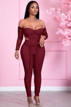 Autumn Sexy Red Zipper Up Off Shoulder Top and Pants Set