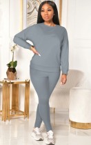 Autumn Casual Grey Long sleeve Top and Pant 2 pcs Set