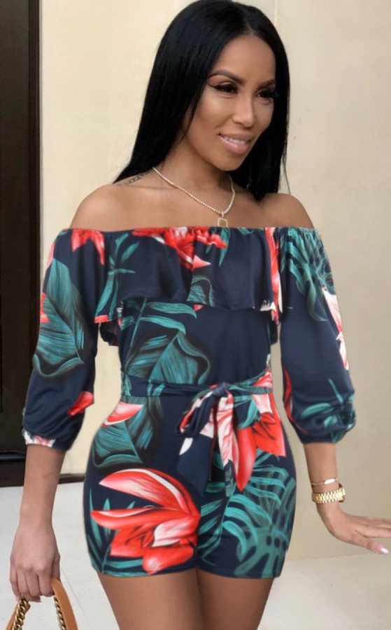 Summer Sexy Print Off Shoulder With Blet Half-Sleeve Romper