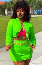 Autumn Causal Plus Size Green Open With Chain Crop Top and Mini Dress Set