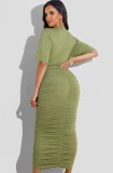 Summer Casual Green Short Sleeve Crop Top and Ruffles Long Dress Set
