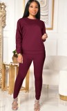 Autumn Casual Red Long sleeve Top and Pant 2 pcs Set