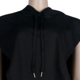 Autumn Casual Black Hoodies with Cord Sleeveless Blouse