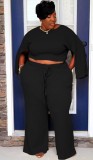 Autumn Plus Size Black Slit Long Sleeve Top and Pant Set