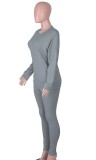 Autumn Casual Grey Long sleeve Top and Pant 2 pcs Set