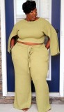 Autumn Plus Size Yellow Slit Long Sleeve Top and Pant Set