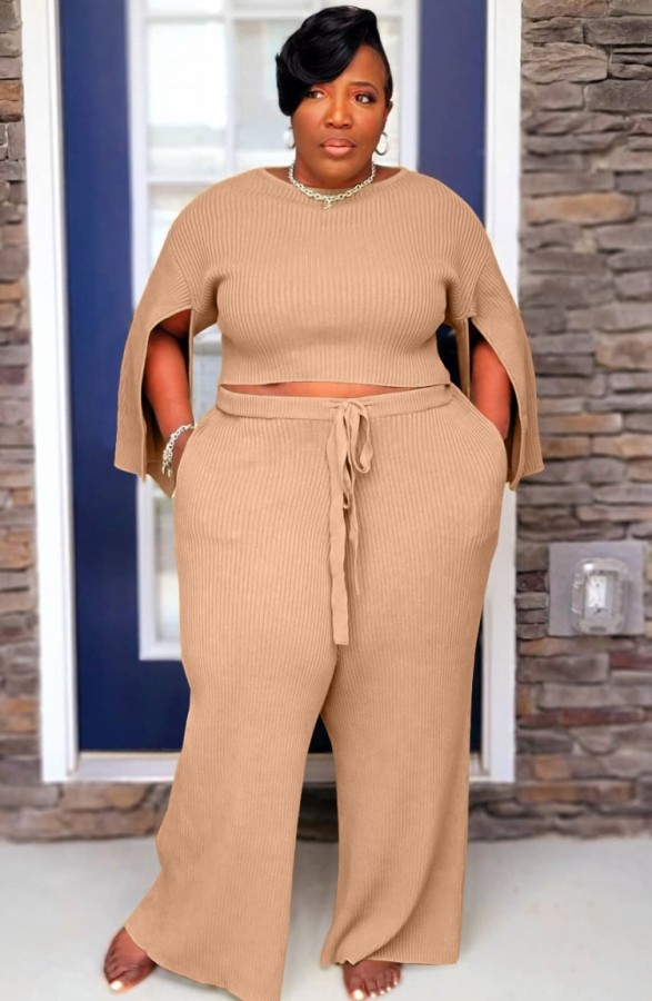 Autumn Plus Size Kahaki Slit Long Sleeve Top and Pant Set