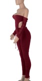 Autumn Sexy Red Zipper Up Off Shoulder Top and Pants Set