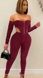 Autumn Sexy Red Zipper Up Off Shoulder Top and Pants Set