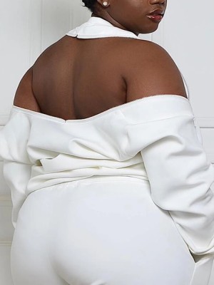 Autumn Causal Plus Size White Zipper Shoulder Long Sleeve Top