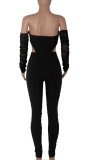 Autumn Sexy Black Zipper Up Off Shoulder Top and Pants Set