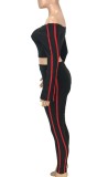 Autumn Sexy Black Off Shoulder Pipping Long Sleeve Top and Skinny Pant Set