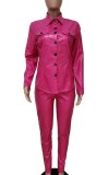 Autumn Pink Leather Snap Button Open Collar Top and Skiny Pant Set