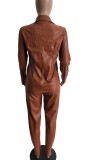 Autumn Brown Leather Snap Button Open Collar Top and Skiny Pant Set