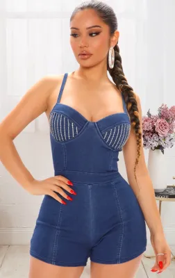 Summer Sexy Demin Rhinestone Straps Romper