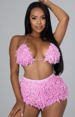 Autumn Sexy Pink Tie Neck Triangle Bra Top and Mini Shorts Set
