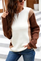 Autumn Brown Contrast Round-neck Long Sleeve Swearter
