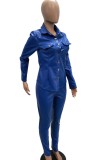 Autumn Blue Leather Snap Button Open Collar Top and Skiny Pant Set