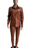 Autumn Brown Leather Snap Button Open Collar Top and Skiny Pant Set