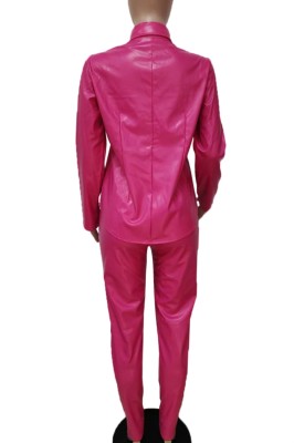 Autumn Pink Leather Snap Button Open Collar Top and Skiny Pant Set