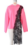 Autumn Casaul Pink With Black Irregular Laced Hoodie