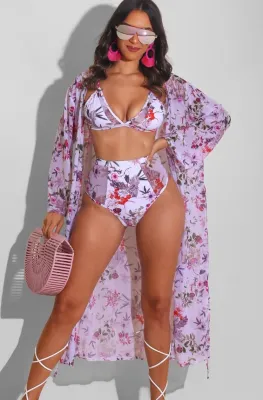 Summer Sexy Print Swimsuit with Long Coat 3 piece set