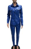 Autumn Blue Leather Snap Button Open Collar Top and Skiny Pant Set