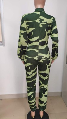 Autumn Army Print Patched Work Long Sleeve Jumpsuit