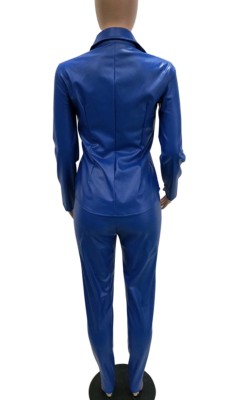 Autumn Blue Leather Snap Button Open Collar Top and Skiny Pant Set