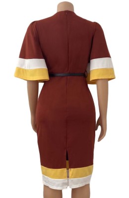 Summer Elegant Contrast Brown V-neck Midi Dress with Flare short Sleeve