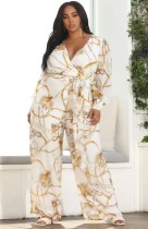 Autumn Plus Size Chain Puff Sleeve Wrap Loose Jumpsuit with Belt