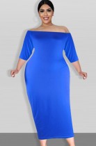 Autumn Plus Size Blue Off Shoulder Half Sleeve Long Dress