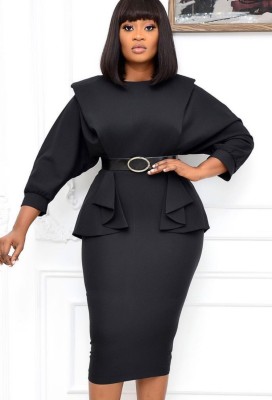 Autumn Eleant African Black Long Sleeve Peplum Office Dress with Belt